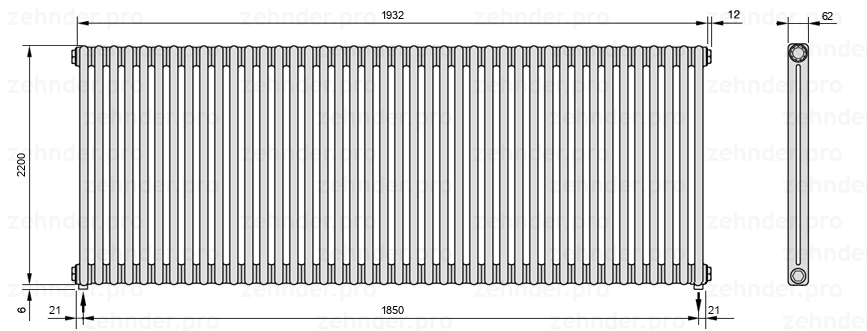 Схема (чертеж) Радиатор Zehnder Charleston 2220/42 №3570 Белый глянцевый RAL 9016